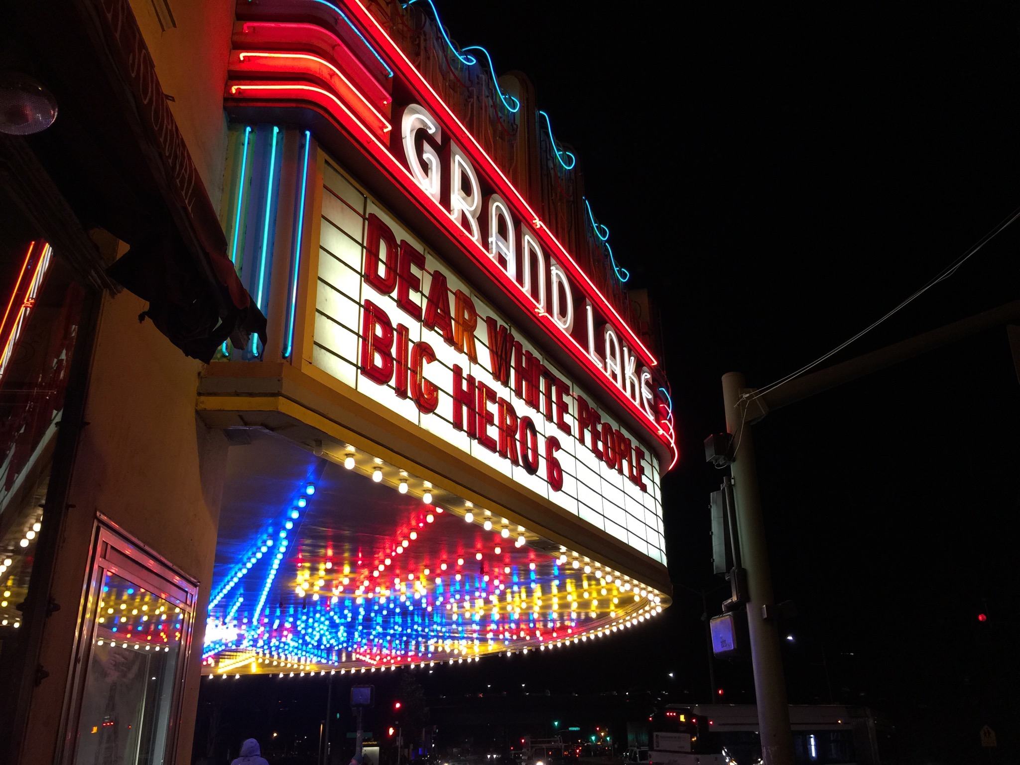 Grand Lake Theater sign, lit up at night